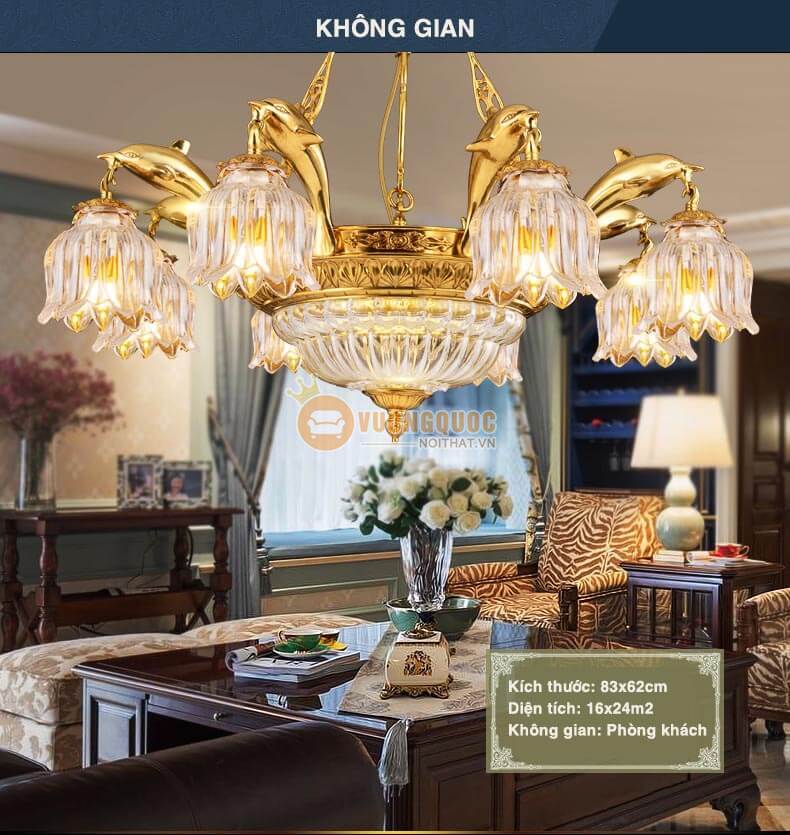 Đèn chùm đồng hiện đại hoa thủy tinh abr181-5